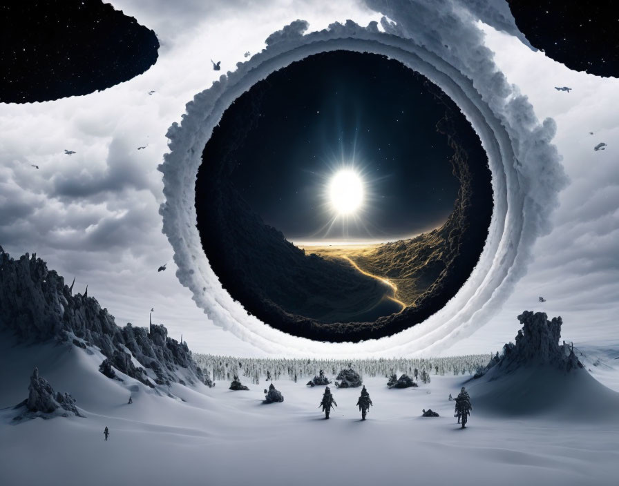 Surreal landscape with circular portal, snowy terrain, and sunlit path