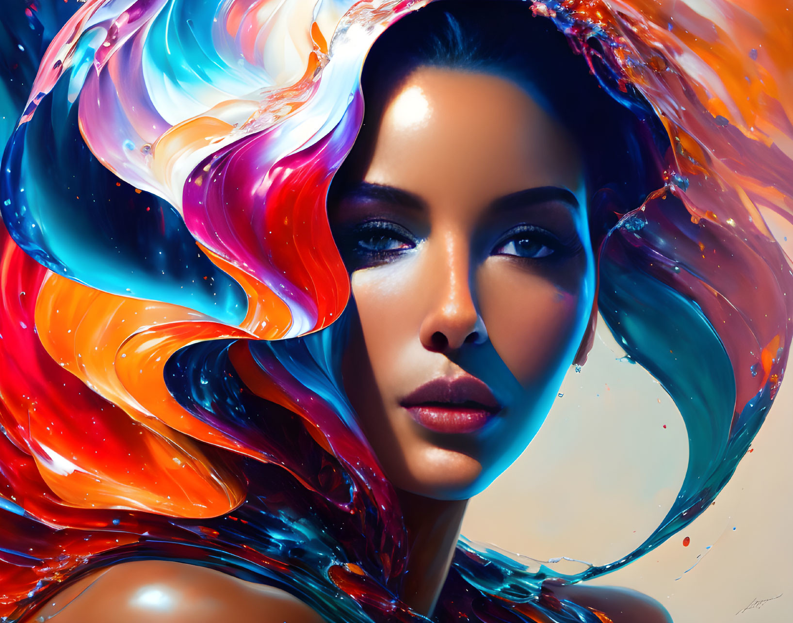 Colorful digital artwork: Woman with swirling, paint-like hair on bright backdrop