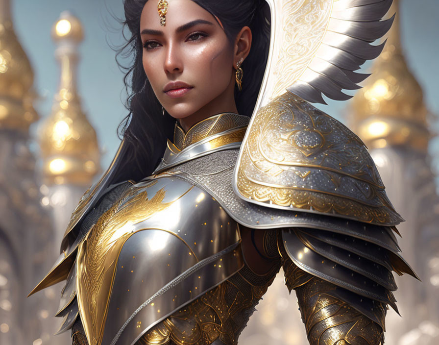 Digital artwork: Woman in ornate golden armor with winged helmet & intricate engravings