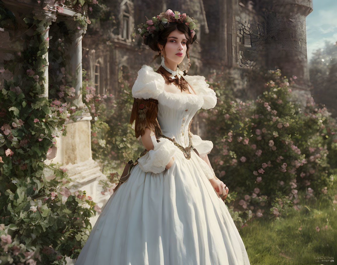 Woman in vintage dress with floral headpiece at old castle with roses and ivy