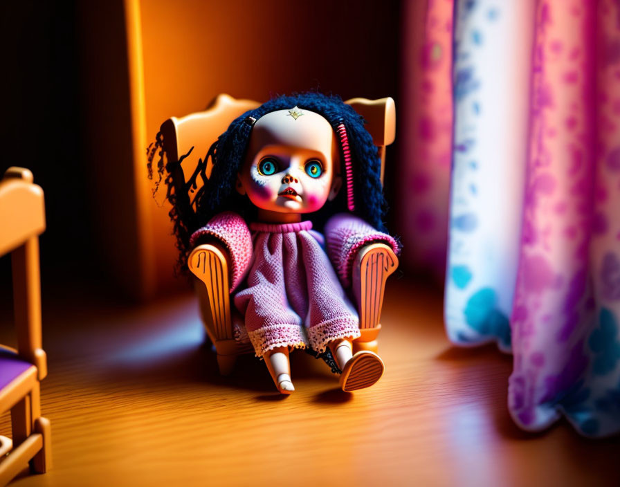 Blue-haired spooky doll in rocking chair under dramatic warm lighting