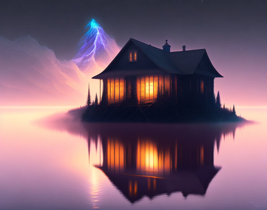 Cozy cabin reflecting on still waters with glowing mountain peak at twilight