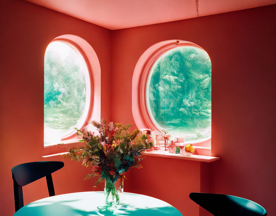 Pink-walled room with round windows, floral table, and black chairs