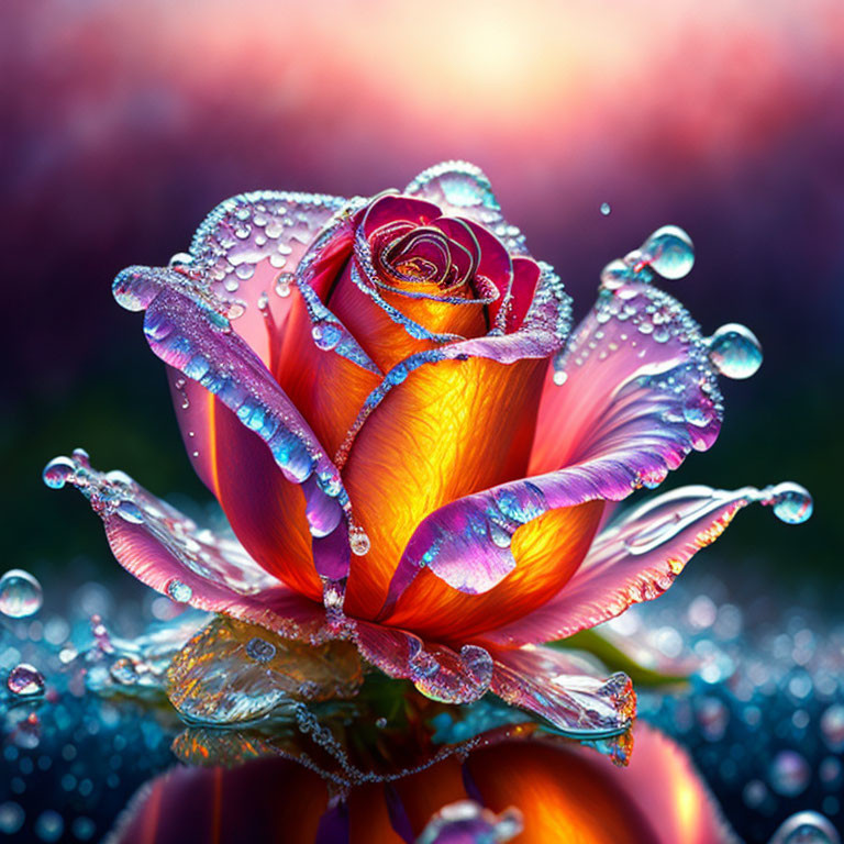 Vivid Orange Rose with Water Droplets on Petals and Dreamy Bokeh Background