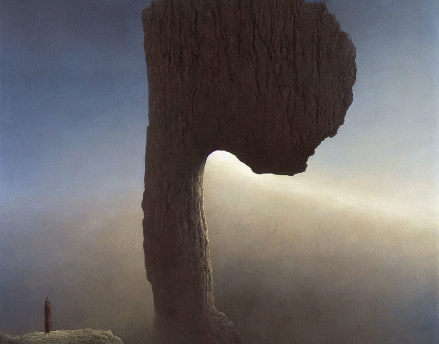 Surreal landscape with stone arch and humanoid figure in misty atmosphere