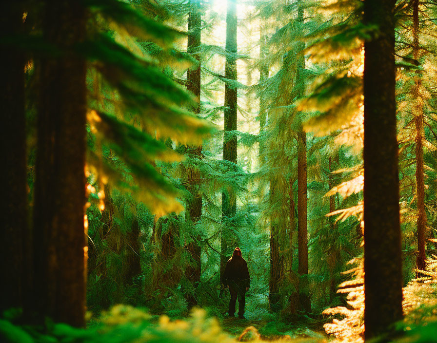 Serene forest scene with sunlight filtering through tall pine trees