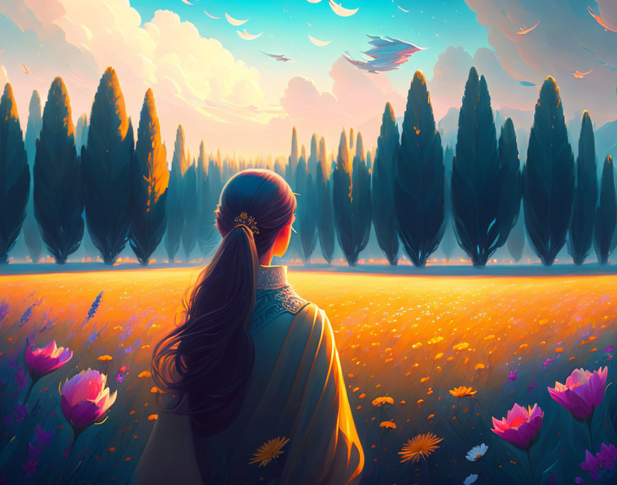 Tranquil woman admiring field of flowers at dusk