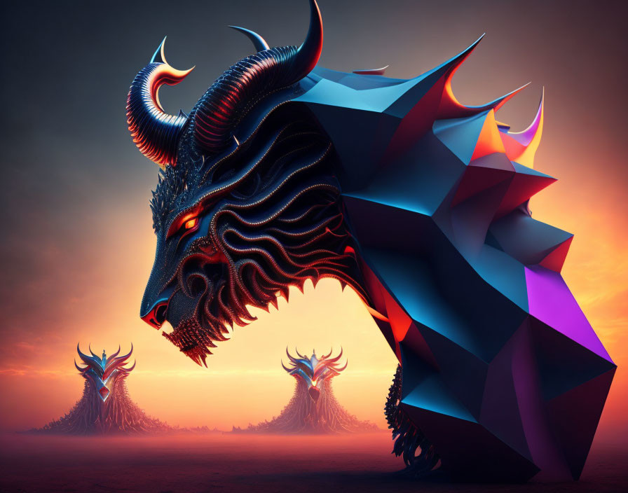 Colorful geometric dragon-like creature with horns in digital artwork