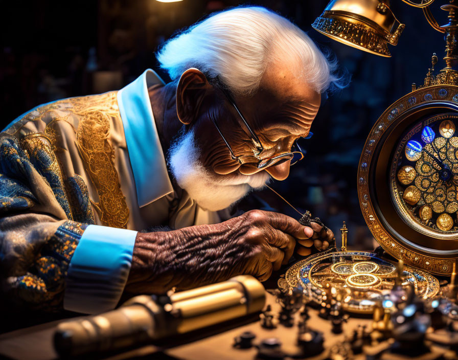 Elderly person repairing intricate clockwork under warm light