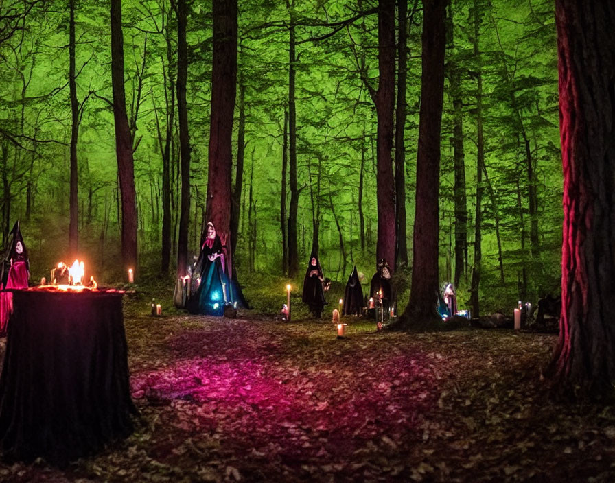 Enigmatic forest scene with cloaked figures, candles, fire, green and pink lighting