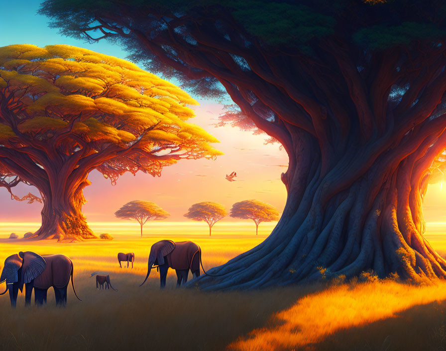 Family of elephants in savanna at sunset with massive trees