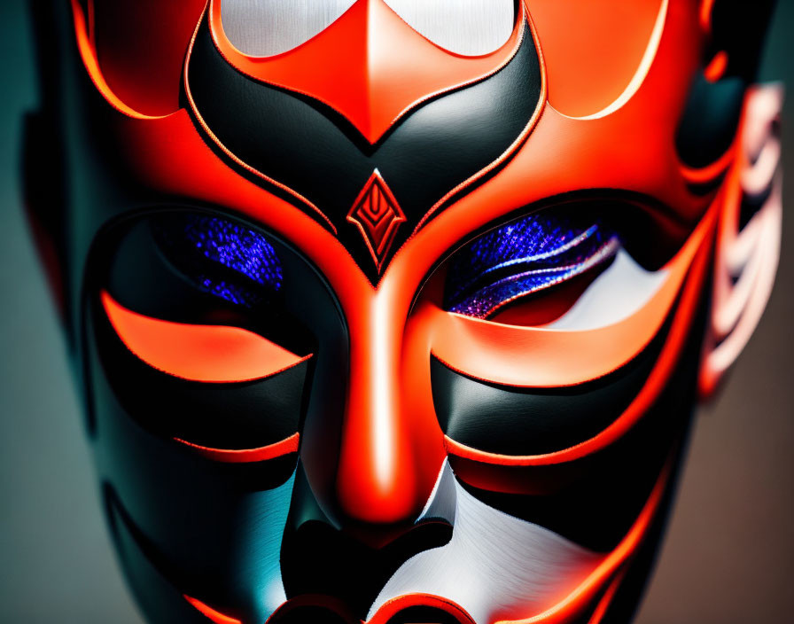 Detailed Red and Black Mask with Intricate Designs and Glowing Blue Eyes