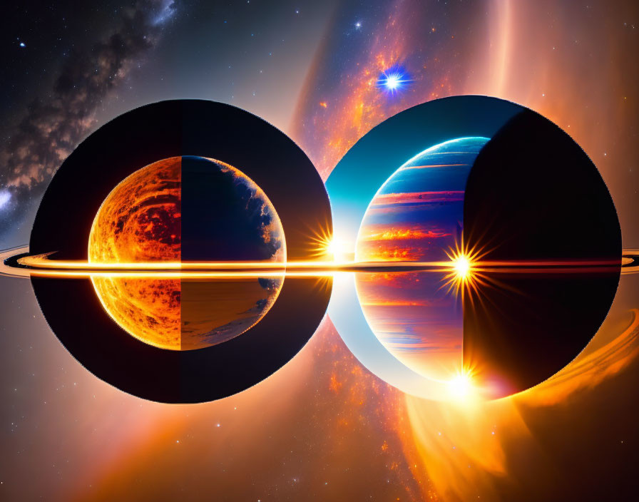 Planetary Bodies Digital Artwork in Circular Frame Against Space Backdrop