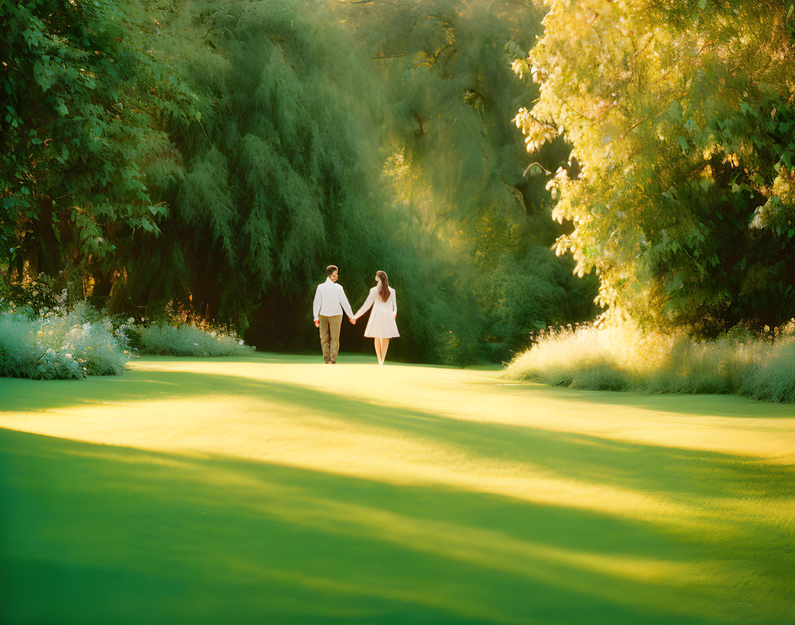 Couple Walking Hand in Hand Through Sunlit Park