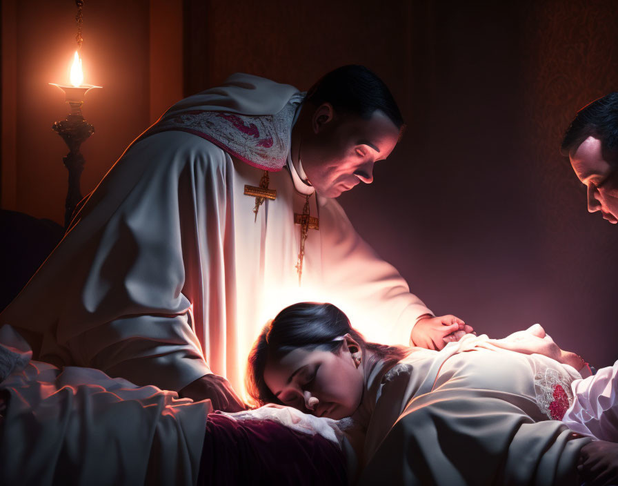 Priest performing ritual beside woman in candlelit exorcism scene.