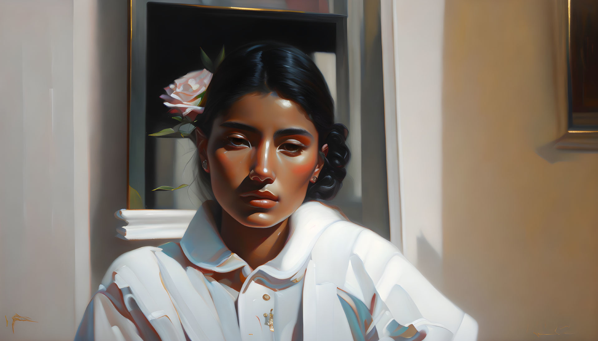 Portrait of a Pensive Woman in White Blouse by Window with Rose