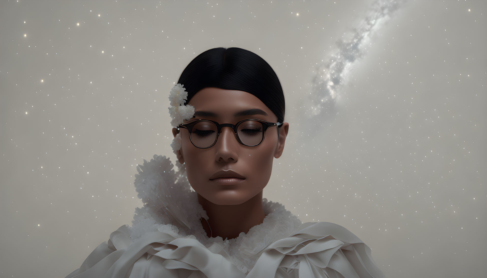 Digital art portrait of woman with dark hair and glasses against starry background