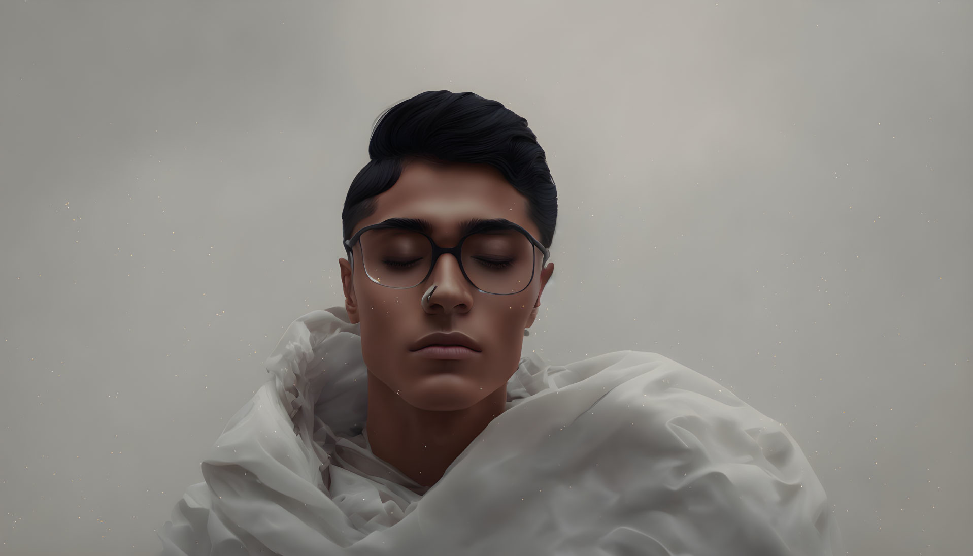 Digital painting of person with short hair and glasses wrapped in white blanket against muted background