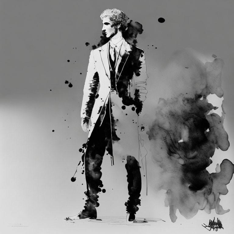 Monochrome watercolor illustration of a stylized man in a suit blending into abstract smoky figure