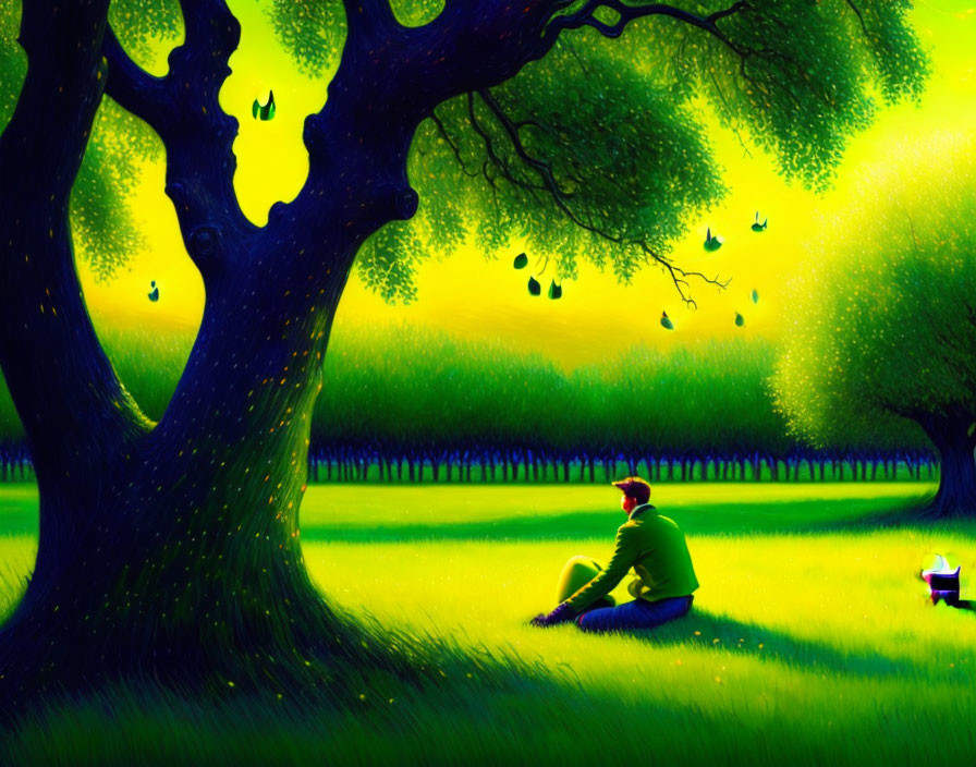 Person sitting under large glowing tree in magical twilight landscape