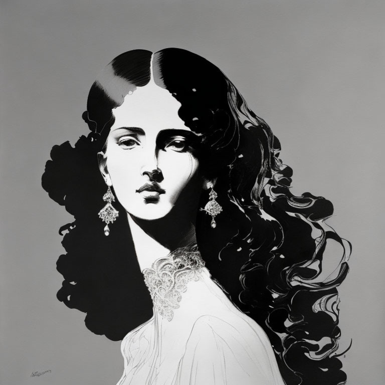 Detailed black and white illustration of a woman with curly hair and lace collar