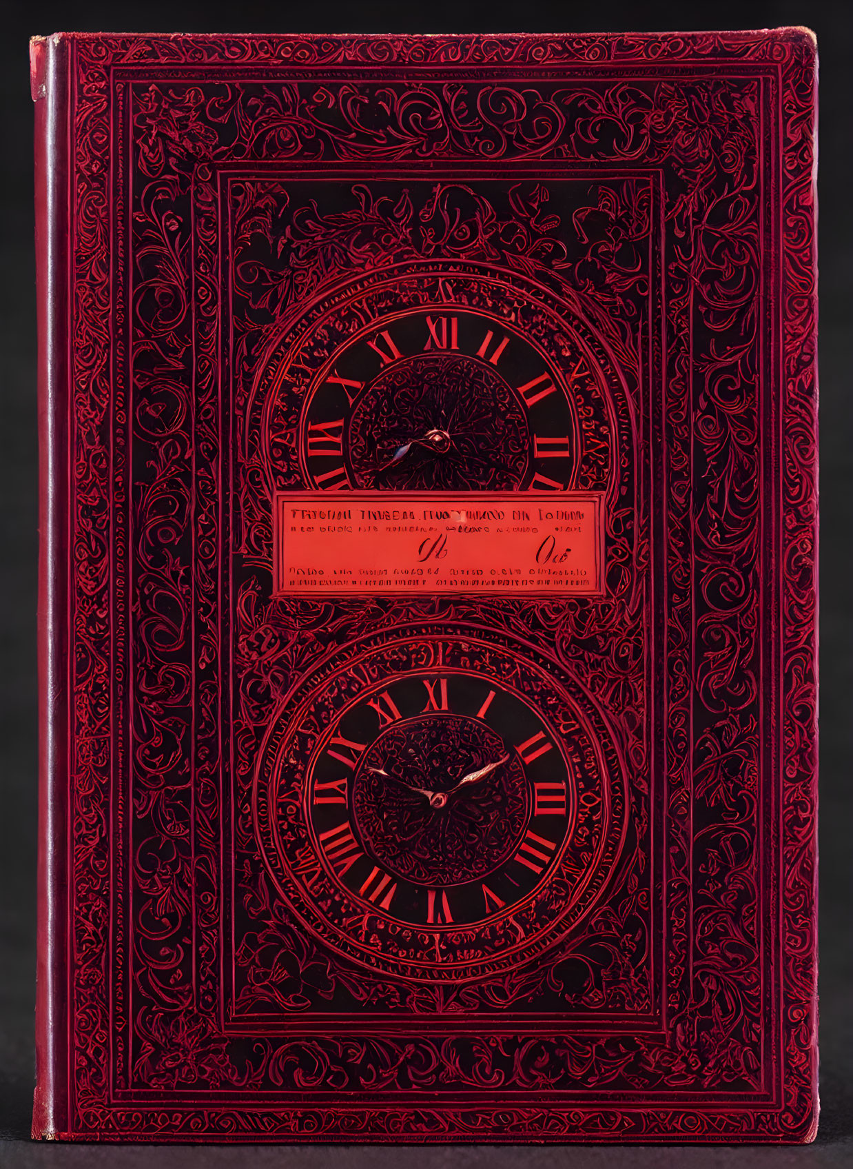 Ornate book cover with two clocks, intricate patterns, Latin text in red and black