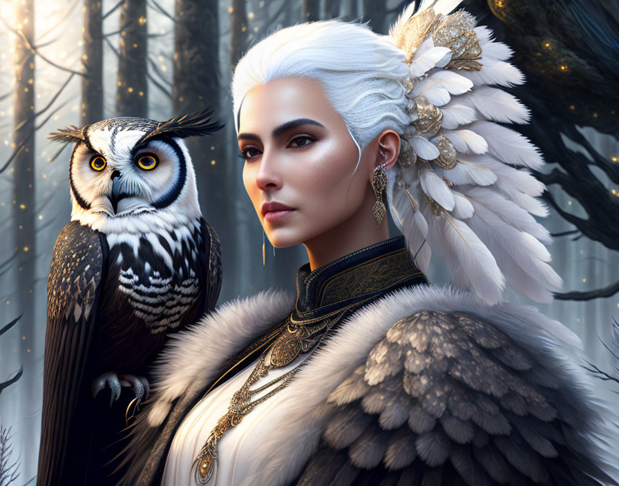 White-Haired Woman with Owl in Fantasy Forest Portrait