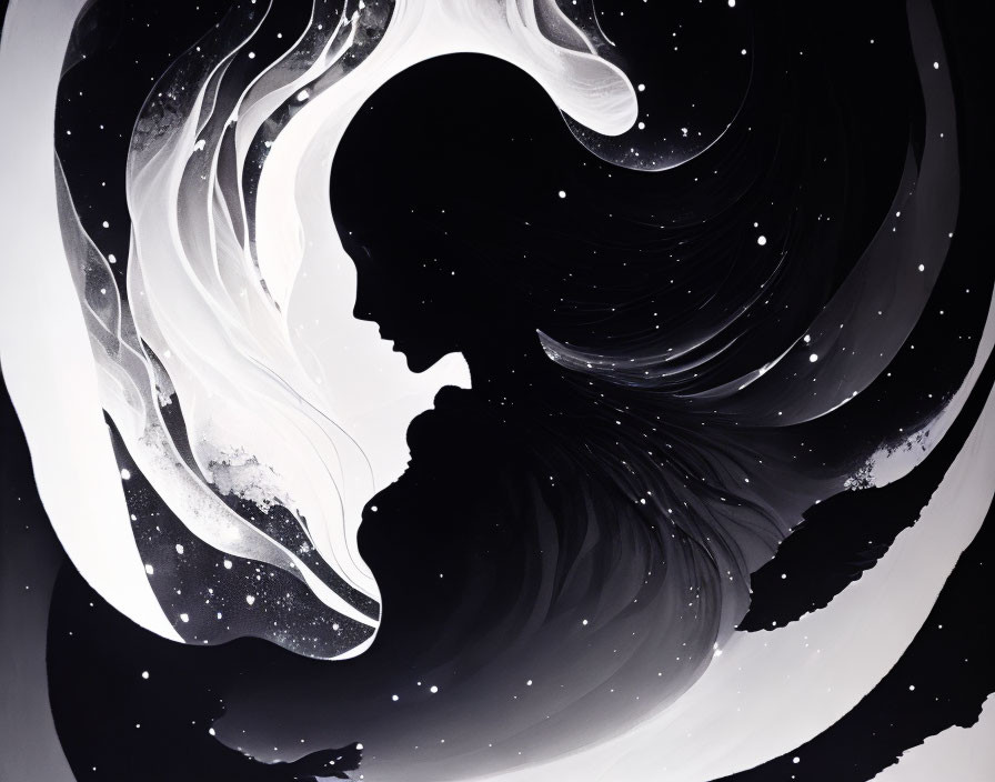 Monochrome cosmic-themed woman profile illustration