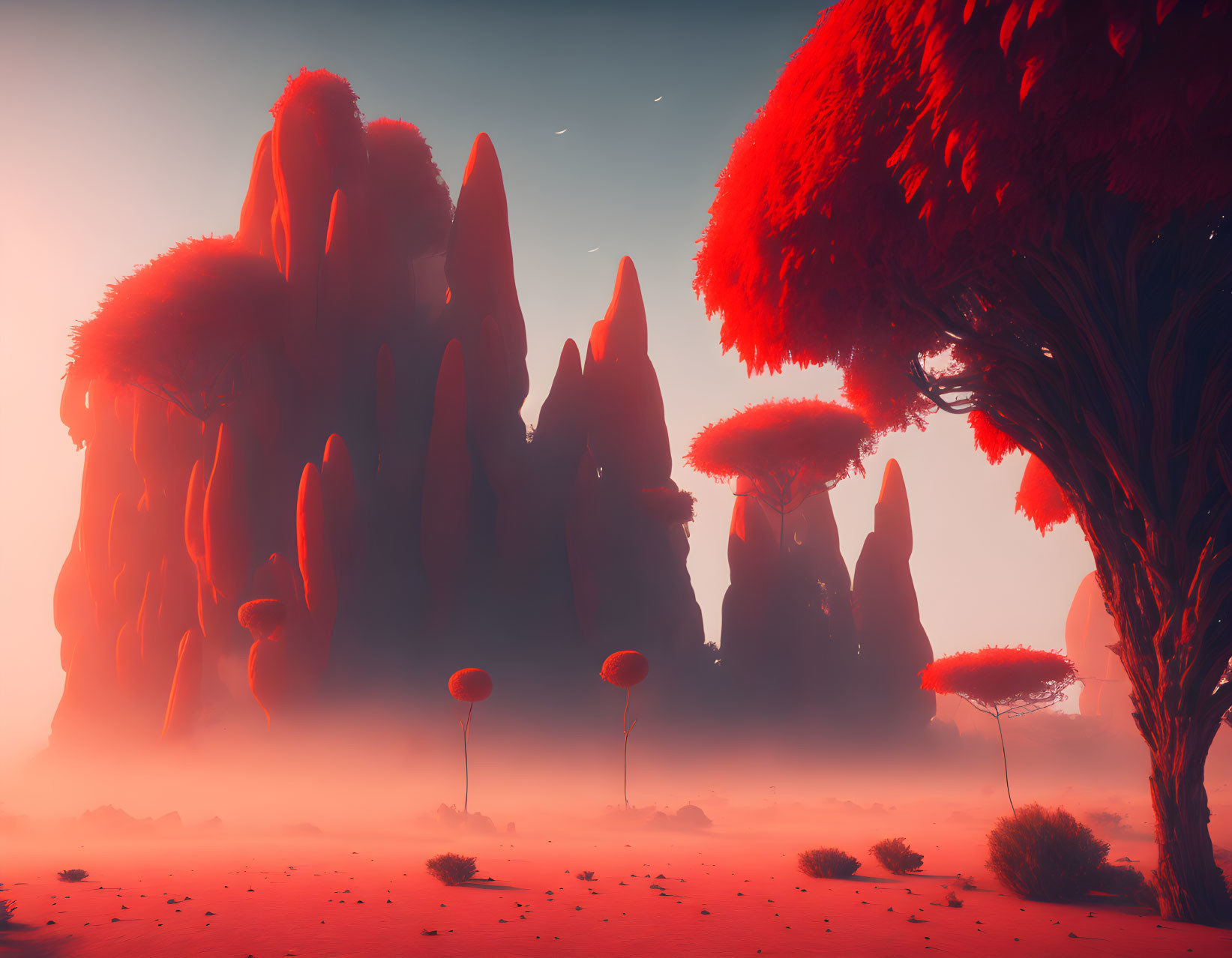 Red-tinted surreal landscape with towering rocks and umbrella-like trees.