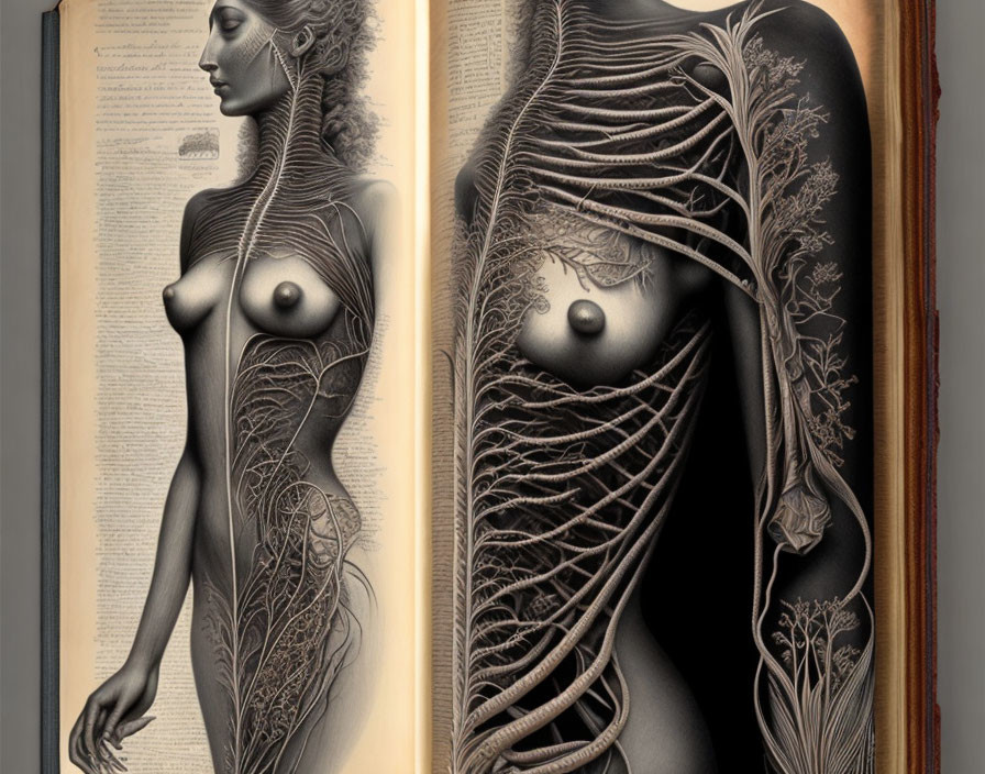 Woman's anatomical sketch with nervous system on text background