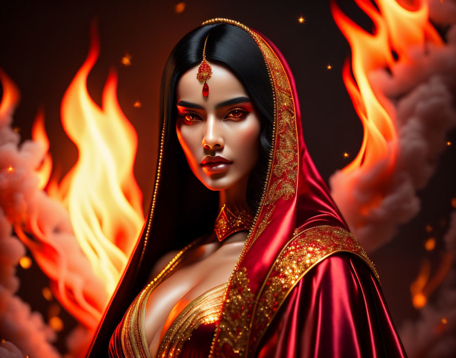 Digital artwork: Woman in red traditional outfit with gold accents, engulfed in flames