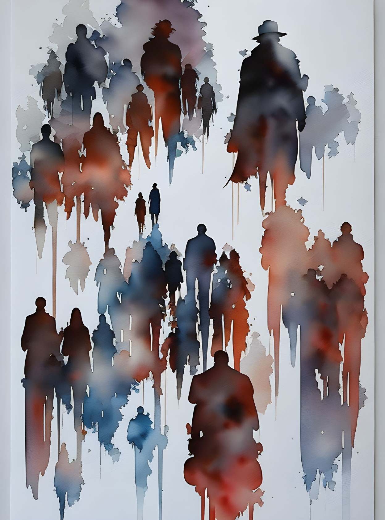 Abstract Human Figures Watercolor Painting in Blue, Red, and Dark Tones