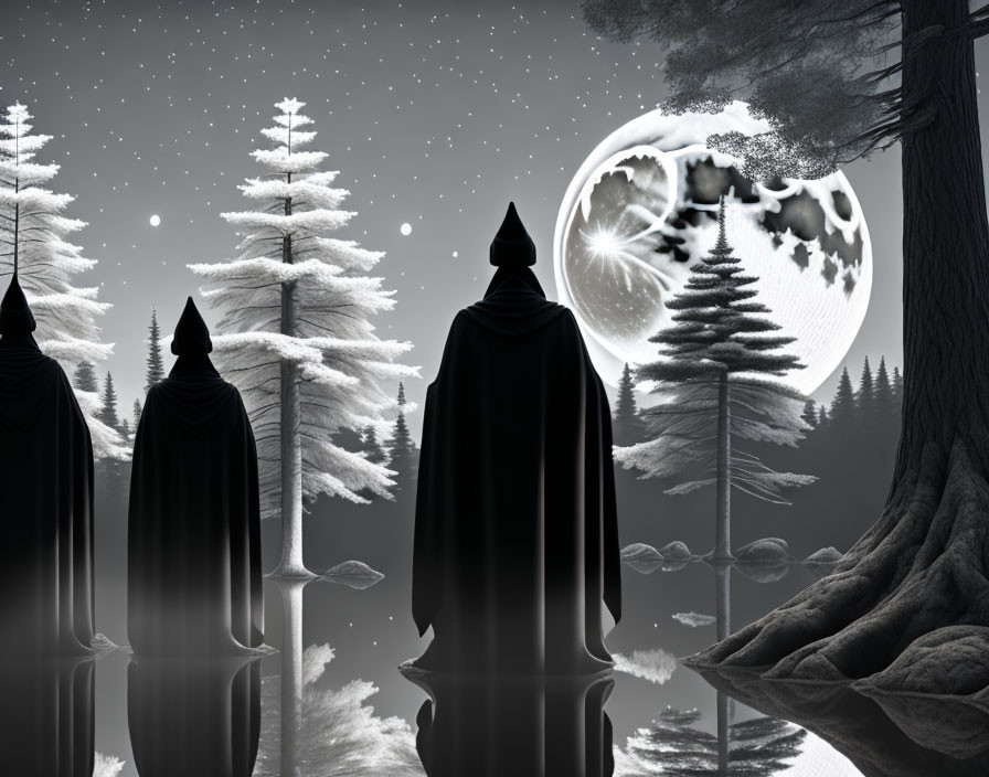 Mystical nighttime landscape with cloaked figures by lake