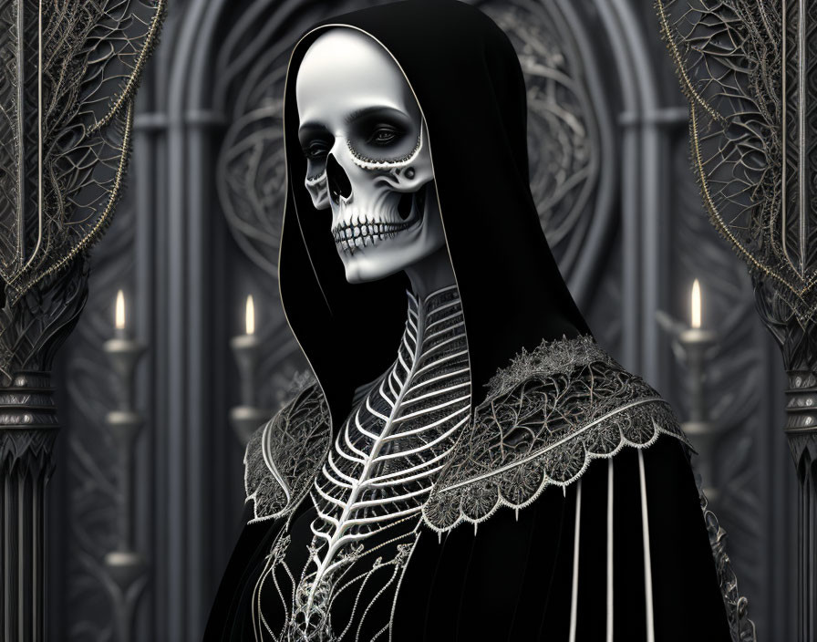 Gothic setting with skeletal figure in black robe