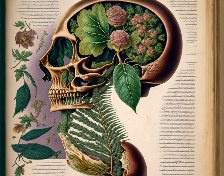 Vintage Botanical Illustration: Human Skull with Plants and Flowers on Text Page