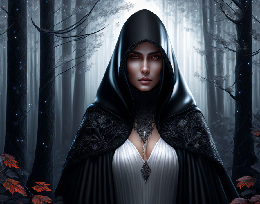 Mysterious figure in black cloak with hood in misty forest