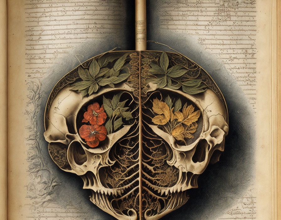 Skull Illustration with Plants Inside Symbolizing Anatomy and Botany