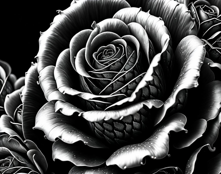 Monochrome image of layered roses with dew drops.