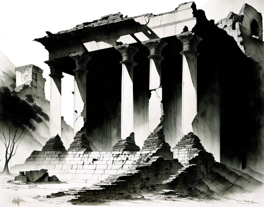 Ancient ruins monochrome illustration with grand columns and broken walls