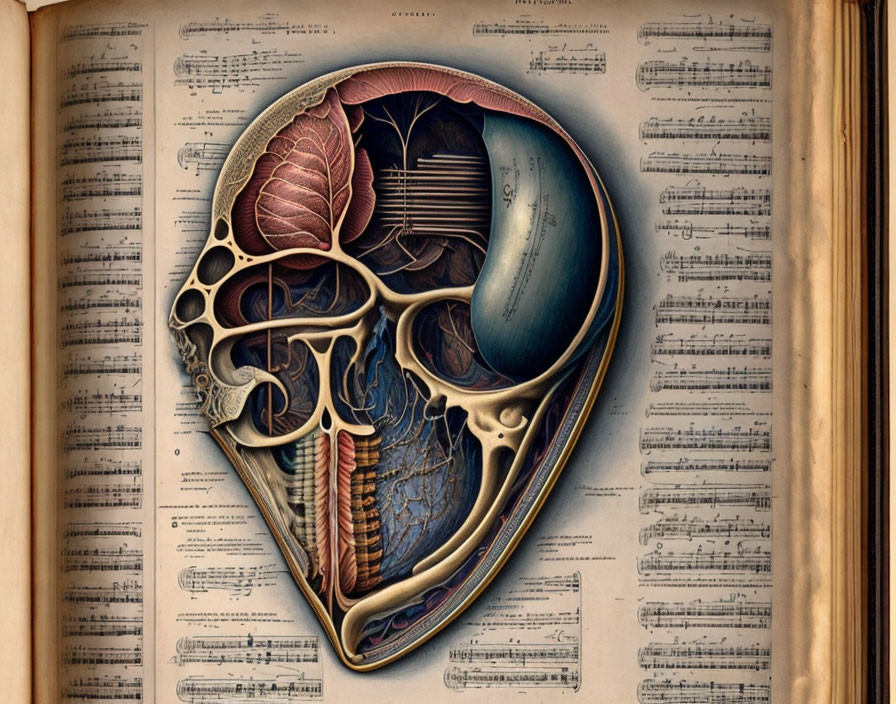 Human ear cross-section on musical score sheets with steampunk aesthetic