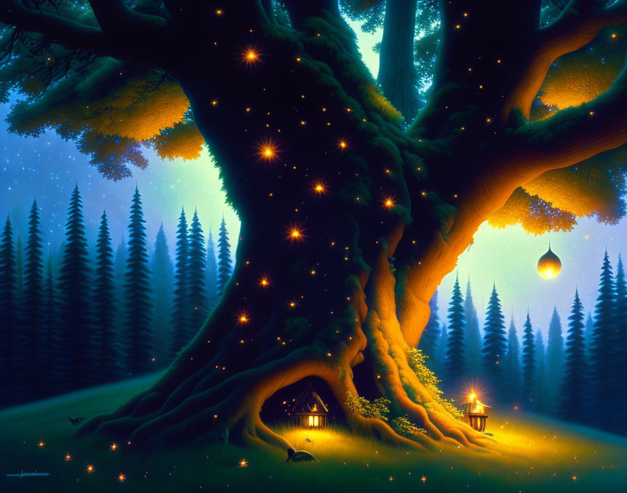 Enchanting twilight scene with colossal tree, lanterns, and starlit forest