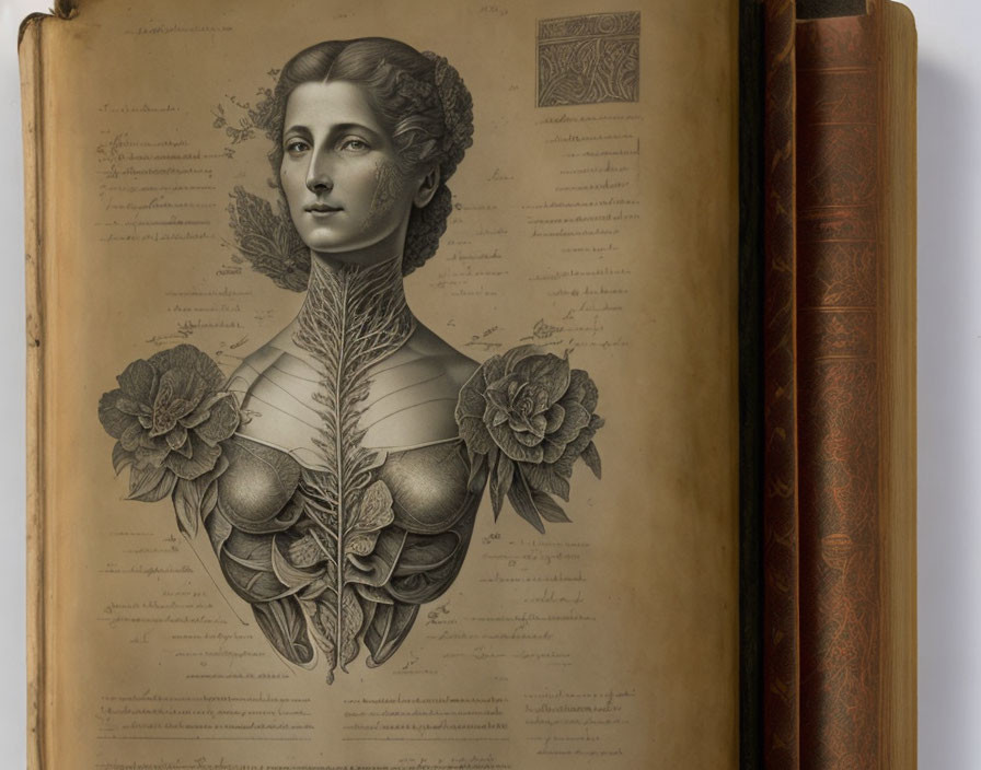 Woman's Head and Musculature Merge on Vintage Book Page