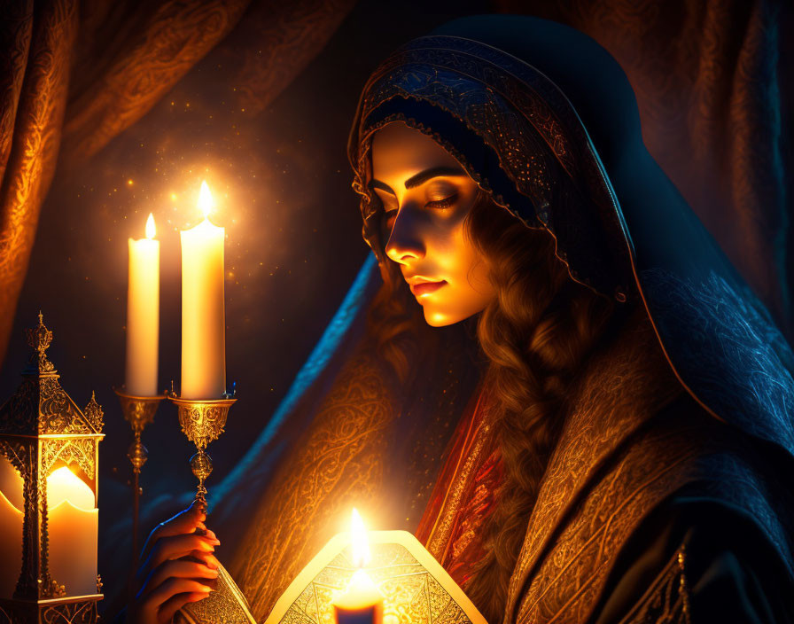 Traditional headscarf-wearing woman in candlelight ambiance