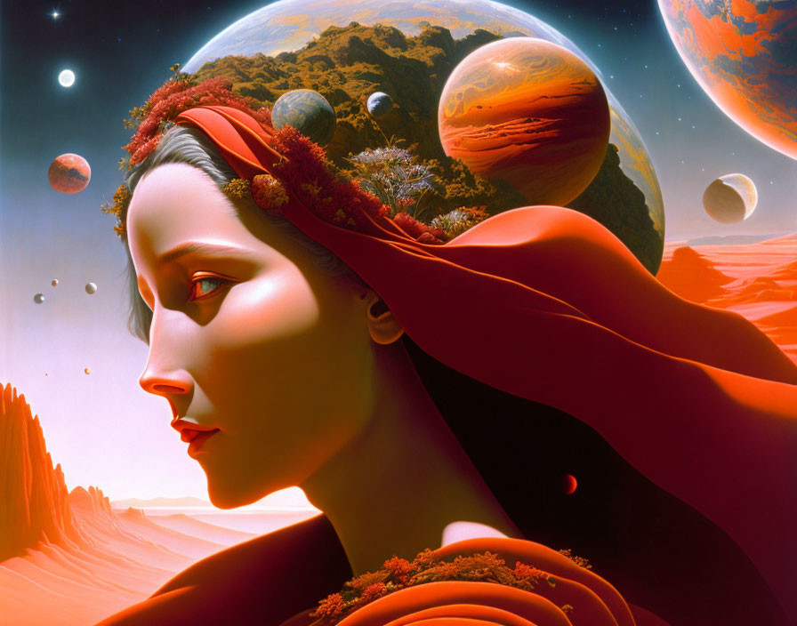 Cosmic landscape headdress on surreal woman portrait