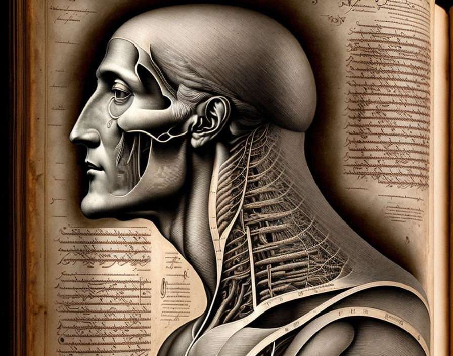 Detailed Human Head Anatomy Illustration with Text on Open Book