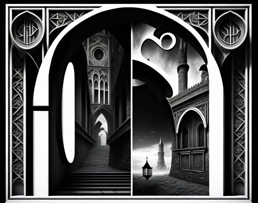 Monochromatic fantasy architecture under moonlit sky