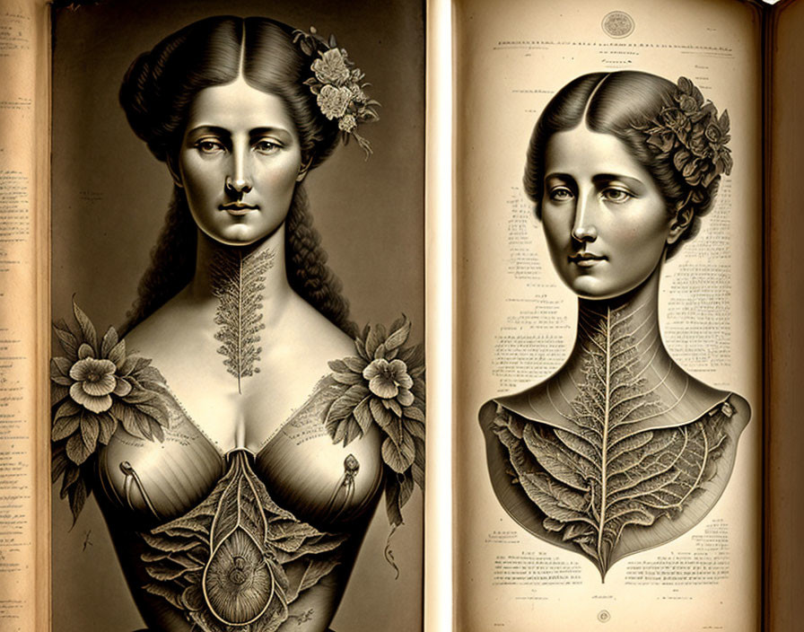 Vintage anatomical illustrations of woman with plant elements in book format