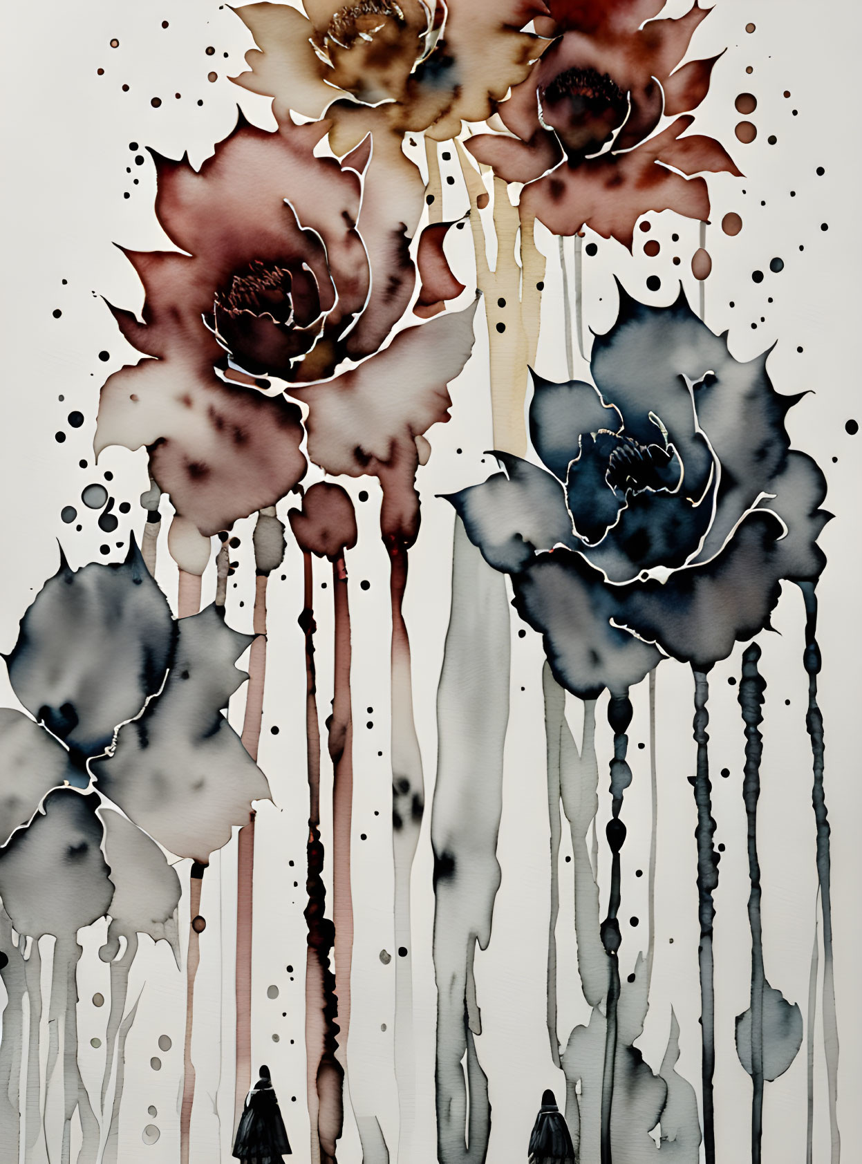 Floral watercolor painting with drip effect in brown, red, and blue hues