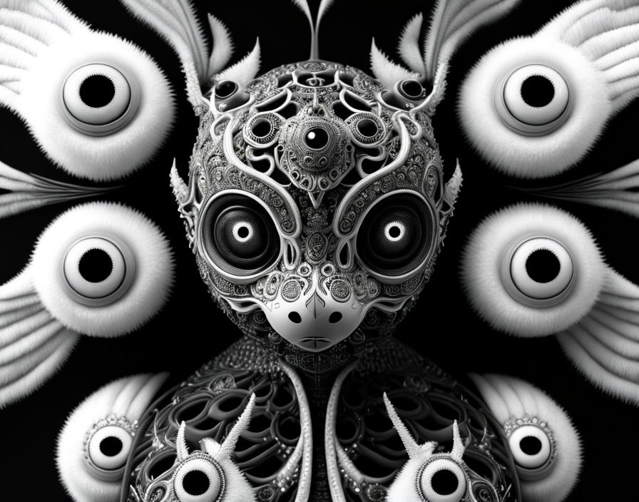 Monochrome surreal mechanical owl with captivating eyes