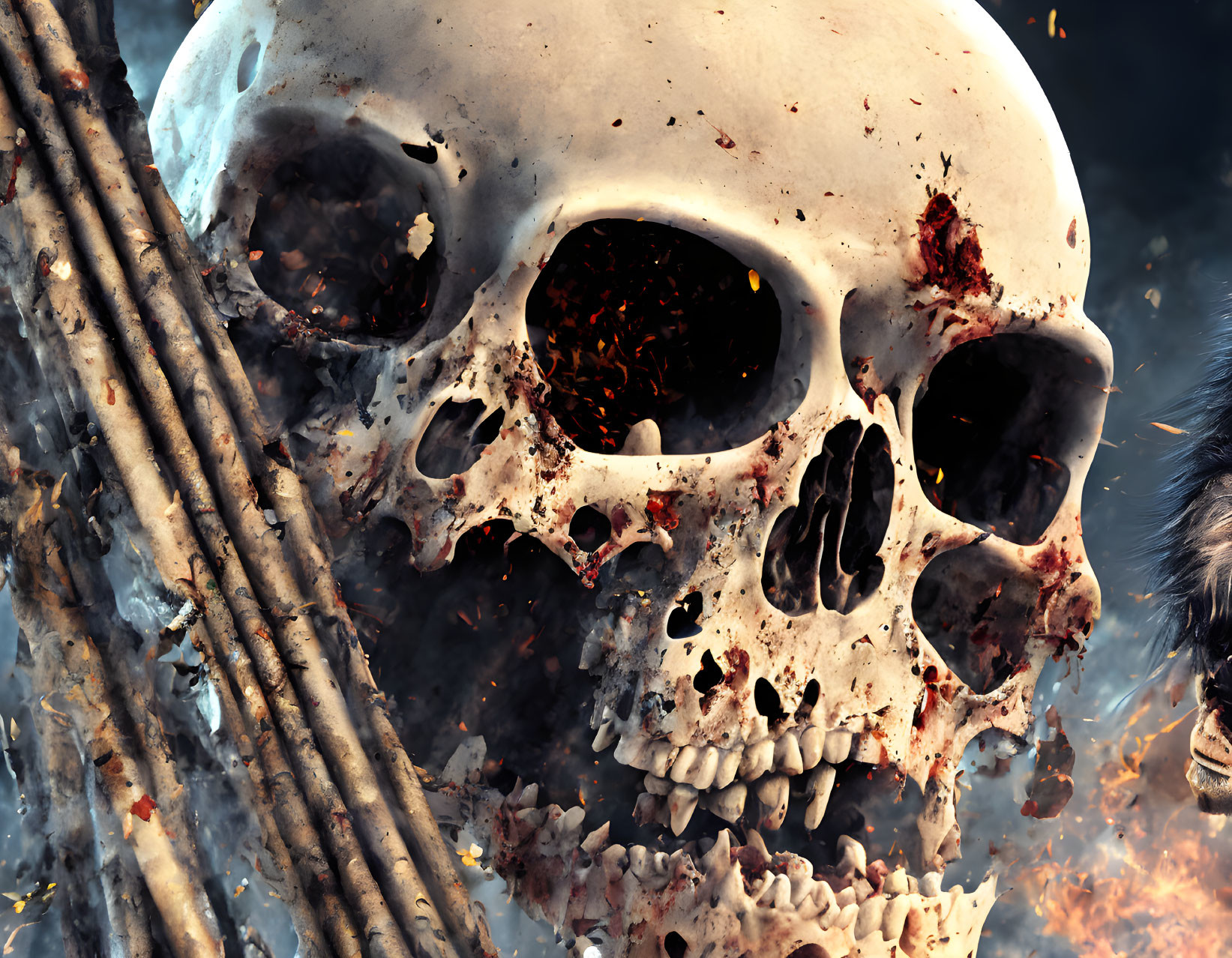 Realistic skull with scorch marks, blood splatters, bones, dark fiery backdrop